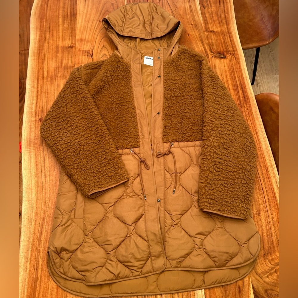 Old Navy Hooded Sherpa Quilted Hybrid Coat Jacket Camel Brown XL